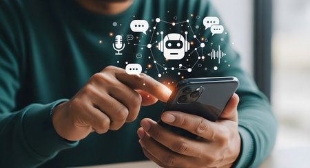 A professional man's hands are visible as he uses a stylus to interact with a tablet, which displays a futuristic AI chatbot interface. The image represents concepts of artificial intelligence, customer service, and modern technology. Ideal for topics on digital innovation, machine learning, and business automation.の素材