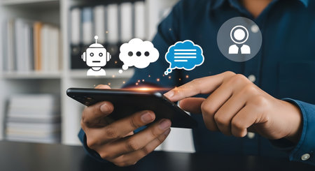 A person is using their finger on a smartphone screen to engage with an AI chatbot. This image represents modern digital communication, virtual assistance, and the ease of using artificial intelligence on mobile devices for customer service or support.の素材