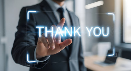 A professional man in a suit is pointing at a glowing, transparent screen with the words "THANK YOU" displayed in bright digital text. This image represents the concept of gratitude, appreciation, and successful completion. It is ideal for use in business presentations, corporate communications, or any content where a strong, professional message of thanks is needed.の素材