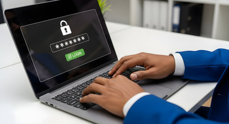 A professional is typing on a laptop with a glowing digital overlay of a login interface featuring a password field and a secure lock icon. This image symbolizes cybersecurity, data protection, and safe online access in a business context.の素材