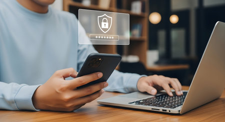 A close-up shot of a manâs hands using a smartphone and laptop at the same time. A glowing, transparent box hovers above the phone screen, featuring a padlock icon and password dotsâsymbolizing online security, data protection, and digital privacy. This image is ideal for illustrating cybersecurity, secure login, password management, and safe online access. Perfect for use in articles, presentations, and websites focused on online safety, digital protection, and personal information security.の素材