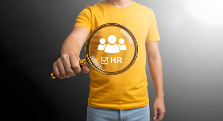 A person in a yellow t-shirt holds a magnifying glass, revealing a glowing HR icon with people and a checkmark. This image symbolizes recruitment, human resources, and the search for talent. It represents candidate evaluation, employee management, and personnel selection. Ideal for business, corporate, and career-related content addressing hiring, staff development, and the role of HR professionals in building strong teams.の素材