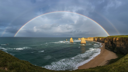 A stunning panoramic landscape featuring a vibrant double rainbow arching across a vast blue sky above dramatic coastal cliffs. The turquoise ocean, secluded bay, and lush green terrain create a magical, serene, and awe-inspiring atmosphere. Perfect for projects about natural beauty, travel destinations, environmental conservation, and the wonder of the outdoors.の素材
