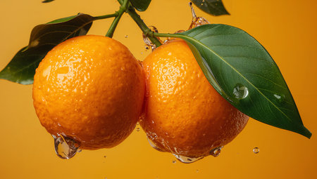 High-speed photography of fresh oranges with vibrant splashes, ideal for commercial drink branding, product packaging, and advertising campaigns. The bold citrus aesthetic communicates freshness, vitality, and consumer appeal, making it perfect for beverage marketing visuals.の素材