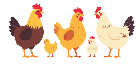 A complete cartoon illustration set of a chicken family standing together, including a proud rooster, two hens, and two adorable chicks. Rendered in a cute, flat vector style with bright red, orange, and yellow tones, this design is isolated on a white or transparent background for easy use. Perfect for farm-related projects, poultry and egg packaging, agricultural branding, childrenâs books, and educational materials about animals and nature.のイラスト素材