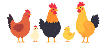 A complete cartoon illustration set of a chicken family standing together, including a proud rooster, two hens, and two adorable chicks. Rendered in a cute, flat vector style with bright red, orange, and yellow tones, this design is isolated on a white or transparent background for easy use. Perfect for farm-related projects, poultry and egg packaging, agricultural branding, childrenâs books, and educational materials about animals and nature.のイラスト素材