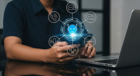 A person uses a smartphone to connect with a glowing AI chatbot icon linked to communication tools such as calls, chat bubbles, and a microphone with sound wave analysis. This conceptual image represents AI automation in customer service, virtual assistants, and multi-channel digital communication. Perfect for illustrating futuristic mobile technology, voice recognition, and automated dialogue systems.の素材