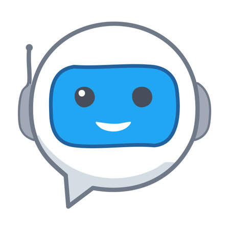 A cute, cartoon-style illustration of a chatbot or artificial intelligence (AI) robot head contained within a speech bubble icon. The robot has a white shell, blue screen face, and an antenna. The icon represents customer service, online support, communication, technology, automation, and virtual assistant concepts, perfect for UI/UX, web design, and mobile app development.のイラスト素材