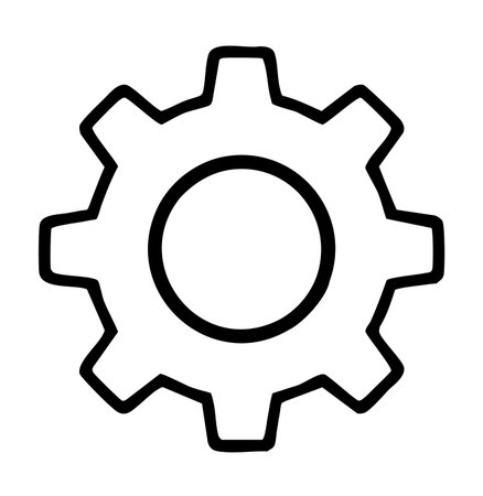 A minimalist black outline icon of a gear or cogwheel, often used digitally to represent settings, configuration, preferences, or mechanical process. This simple, scalable line art graphic is ideal for user interface (UI/UX), web design, mobile applications, and materials related to technology, engineering, solutions, and management.のイラスト素材