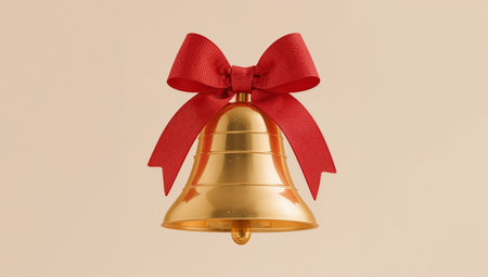 A shiny gold bell tied with a large red ribbon hangs against a warm beige background. This festive, elegant composition conveys holiday cheer and premium quality, ideal for Christmas campaigns, greeting cards, and seasonal product photography.の素材