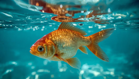 A vivid goldfish glides beneath the water surface, its orange scales glowing against turquoise water. The image conveys a bright, tranquil mood ideal for aquarium products, pet care branding, or nature and lifestyle campaigns.の素材