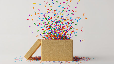 An open gold gift box with a textured glitter surface releases a colorful burst of confetti against a clean background. The scene conveys celebration, surprise, and premium energy, ideal for holiday campaigns, product launches, and event promotions.の素材