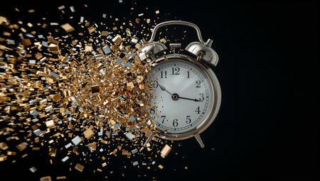 A silver vintage alarm clock sits on the right as golden confetti bursts from the left, creating a dramatic, celebratory moment. This high-contrast image suits time-themed campaigns, promotional advertising, and festive marketing visuals.の素材