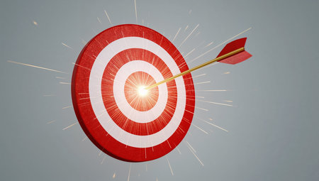 An archery target with an arrow piercing the bullseye amid radiant sparks. The image conveys precision, achievement, and high-energy action, suitable for marketing campaigns about goals, performance, sports, or competitive success.の素材