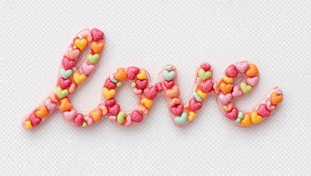 Colorful pastel heart-shaped candies are arranged along a pink flowing ribbon to spell the word &#39;love&#39;. The glossy, sweet composition exudes romance and whimsy, suitable for Valentine&#39;s Day campaigns, confectionery branding, and romantic gift promotions.の素材