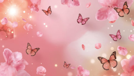 A surreal pink scene shows delicate butterflies fluttering around soft pink petals and blossoms, set against a dreamy, luminous background. The ethereal, romantic mood with warm bokeh light makes this image ideal for feminine branding, beauty, spa, spring campaigns, or romance-themed visuals.の素材