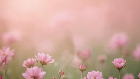 Soft-focused pink flower field bathed in warm, pastel sunlight creates a dreamy, ethereal mood with a gentle bokeh backdrop. This serene image is ideal for romantic, spring-themed branding, nature and wellness campaigns, or as a soothing background for websites and marketing materials.の素材