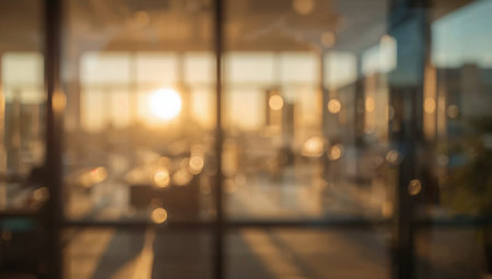 Golden hour sunlight floods a modern office through expansive glass walls, creating soft bokeh and abstract reflections. The warm tones and blurred details evoke daylight, openness, and a calm, productive atmosphere suitable for business and interior design themes.の素材