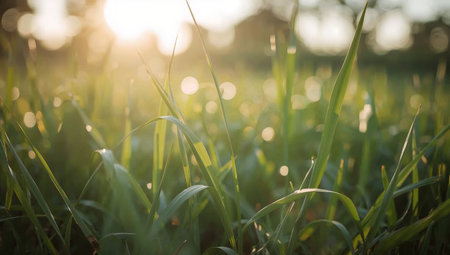 Close-up of fresh green grass blades bathed in warm golden-hour light, with a soft bokeh background. The tranquil outdoor scene evokes calm, renewal, and natural beauty, suitable for nature, outdoor, and agricultural branding and lifestyle imagery.の素材