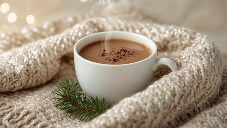 A white ceramic mug of steaming hot chocolate sits nestled in a chunky beige knitted scarf, with a small pine sprig accent. The warm beverage and soft textures create a cozy, festive winter atmosphere. Ideal for holiday campaigns, lifestyle blogs, and winter comfort branding.の素材