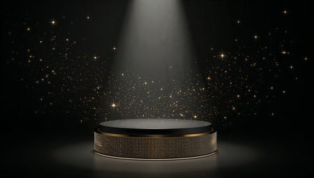 An opulent round podium with a textured gold base sits under a focused spotlight against a dark, minimalist background. Golden specks and twinkling particles float around, creating a luxurious, celebratory atmosphere suitable for luxury brand launches, awards, or premium product showcases.の素材