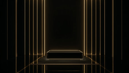 A dark, futuristic chamber features vertical gold-lit lines framing a glossy black podium. The glowing edges and reflective surfaces create a premium, showroom-ready stage perfect for luxury product launches, tech reveals, or high-end brand presentations.の素材