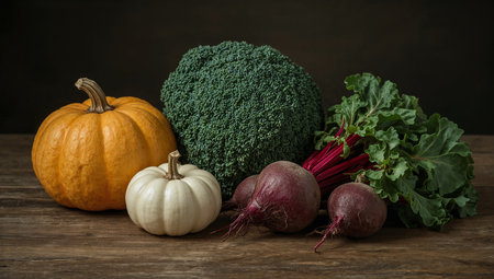 An autumn still-life arrangement of fresh vegetables on a weathered wooden table, featuring a large orange pumpkin, a white pumpkin, a head of broccoli, and beetroots with red stems and greens. The rustic composition evokes farm-fresh produce and seasonal cooking, ideal for food photography, cooking blogs, or market-themed projects.の素材