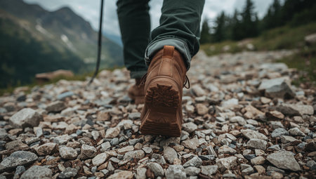 Close-up of a brown hiking boot stepping on a rocky mountain trail. The rugged ground and distant forested slopes evoke adventure, trekking, and outdoor exploration, perfect for gear and travel campaigns.の素材