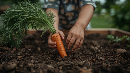 An adult harvests a bright carrot from a raised garden bed, with dirt clinging to the root and greens still attached. The scene focuses on hands, soil, and fresh produce in an outdoor garden, suitable for farming, sustainable living, and home gardening imagery.の素材