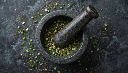 A granite mortar and pestle sits on a dark textured surface, filled with chopped green onions and seeds. Scattered herb pieces surround it, emphasizing fresh ingredients and home cooking. Ideal for recipes, seasoning, and culinary branding images.の素材