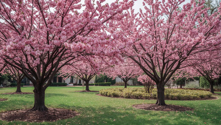 A row of cherry blossom trees in full bloom creates a vibrant pink canopy over a well-manicured lawn in a tranquil park. Dark trunks contrast with dense clusters of blossoms, while circular mulch beds and surrounding greenery accent the scene with a peaceful, seasonal feel. This image suits springtime, nature, outdoor lifestyle, park or campus branding, and floral landscape advertising.の素材
