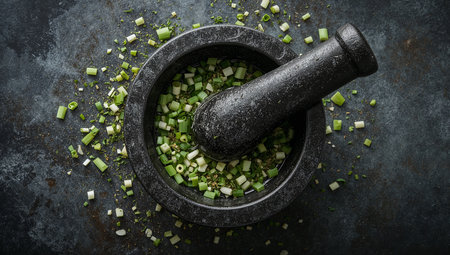 A black granite mortar and pestle sits on a dark, textured surface, filled with chopped scallions. Scattered pieces of green onion surround the bowl, creating a dynamic food-prep scene. Ideal for culinary, recipe, and kitchen-tool concepts featuring fresh herbs and quick prep.の素材