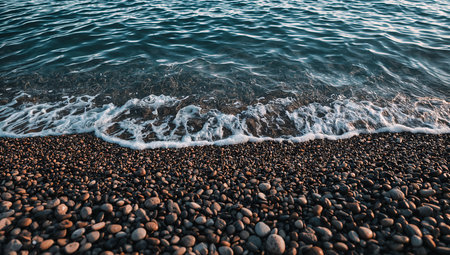 A rocky pebble beach meets the turquoise sea as gentle waves roll onto the shore, leaving white foam along the waterline. The warm, golden-hour light casts long shadows on smooth stones, creating a calm coastal landscape perfect for travel, nature, and lifestyle photography.の素材