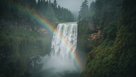 A powerful waterfall cascades from a rocky cliff into a misty pool, framed by a lush evergreen canyon. A vibrant rainbow arches through the spray, adding color and wonder to the scene. Perfect for nature, travel, adventure, and landscape photography projects.の素材