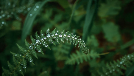 A macro close-up captures crystal-clear dew droplets perched along a delicate fern frond, glistening against a lush green background. The shallow depth of field emphasizes texture and detail, evoking freshness and calm?perfect for nature, plant care, and outdoor lifestyle campaigns.の素材