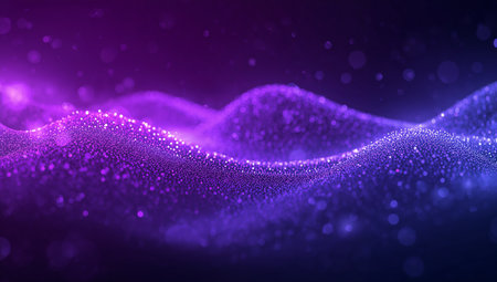 A vibrant abstract scene featuring a field of tiny glowing purple dots forming wave-like contours. The moody blue and magenta tones create a futuristic, energetic atmosphere suitable for tech, digital, and innovation projects.の素材