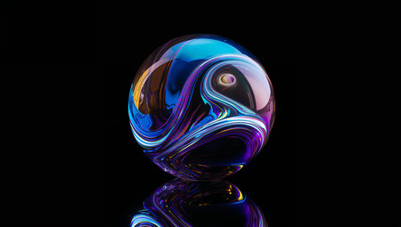 An abstract, glossy glass orb featuring vivid multicolor swirls set against a deep black background. This futuristic composition conveys motion, reflections, and luxury, suitable for tech, design, or advertising campaigns.の素材