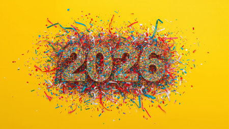 Subject features the numbers 2026 filled with mosaic confetti, surrounded by ribbons and streamers on a bright yellow backdrop. The mood is festive, lively, and celebratory, conveying energy and optimism for New Year campaigns. Ideal for advertising, marketing, posters, and digital banners promoting the new year.の素材