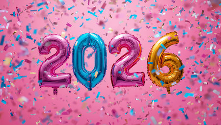 Colorful foil numeral balloons spell out 2026 against a pink backdrop, surrounded by falling confetti, creating a festive scene. This vibrant, celebratory setup is ideal for New Year campaigns, product launches, or milestone announcements.の素材