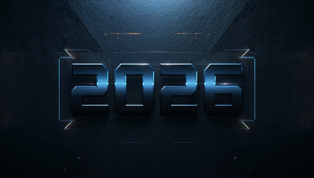 An ultra-modern, metallic 3D rendering of the year 2026 in neon blue. The futuristic composition features glowing edges and a high-tech frame against a dark, textured background, creating a bold sci-fi mood ideal for tech branding, product launches, or digital campaigns.の素材