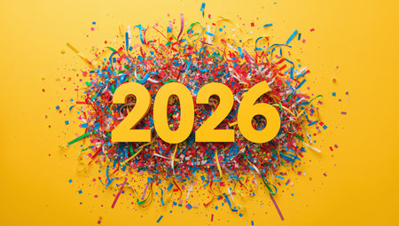 Bold yellow 2026 numerals sit amid a swirl of colorful confetti and ribbons, creating a festive celebration scene. The vibrant mood conveys optimism and energy, perfect for New Year campaigns, seasonal promotions, and event marketing.の素材