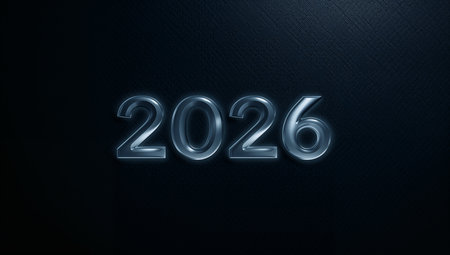 A glossy metallic &#39;2026&#39; numeral sits centered on a dark textured background. The design conveys a futuristic, premium mood suitable for tech, corporate branding, or year-end marketing materials. Ideal for use in banners, posters, digital campaigns, and event graphics.の素材
