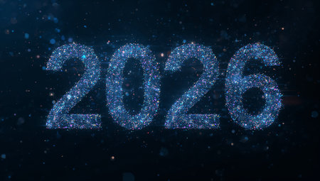 An abstract digital artwork featuring the year 2026 formed from countless blue and violet particles and light trails against a dark, starry background. The shimmering, futuristic design conveys celebration, innovation, and digital transformation, suitable for tech campaigns, year-in-review slides, or event branding. The mood is celebratory, dynamic, and modern.の素材