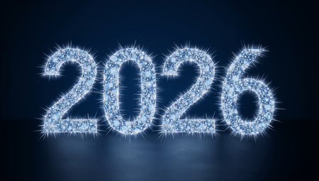 This image features the number 2026 formed from icy crystal textures with a bright blue glow against a dark background. The futuristic, festive mood makes it suitable for year-end campaigns, winter branding, and technology or luxury marketing materials.の素材
