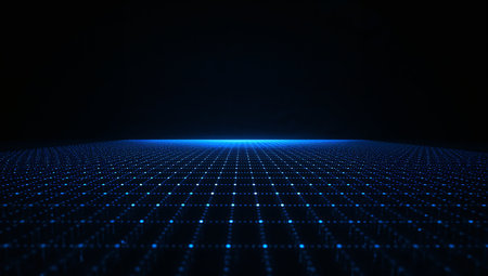 An expansive blue neon grid stretches toward a bright vanishing horizon against a deep black background. The futuristic mood is high-tech and ideal for technology, data visualization, cybersecurity, or digital branding projects.の素材