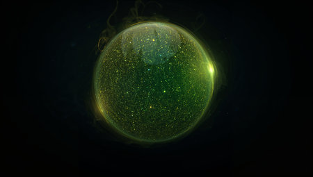 A luminous green sphere filled with tiny glittering particles floats in the dark, surrounded by a soft corona and wispy energy trails. This abstract sci-fi image conveys a futuristic, energetic mood and is ideal for technology branding, cover art, or space-themed backgrounds.の素材