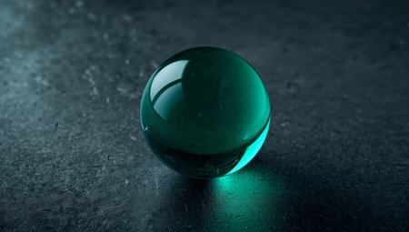 Translucent green glass sphere rests on a textured dark surface, reflecting soft studio light. The moody, cinematic scene conveys modern elegance, suitable for product branding, editorial, or abstract backgrounds.の素材