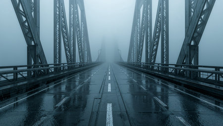 A long steel truss bridge disappears into dense fog on a rainy day. The wet roadway reflects subdued light, creating a moody, atmospheric scene. Ideal for transportation, travel, engineering, or branding campaigns seeking a dramatic, misty mood.の素材