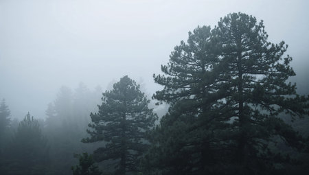 A misty pine forest fades into a dense fog, creating a moody, ethereal landscape. Soft, cool tones and silhouettes convey calm, mystery, and natural beauty. Ideal for nature, travel, outdoor, wellness, or editorial uses.の素材