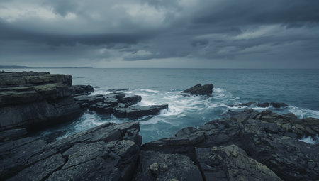 Moody seascape of jagged coastal rocks meeting the turbulent sea beneath a stormy, overcast sky. The cool blue-gray tones and dramatic clouds create a cinematic mood ideal for nature, travel, editorial, or branding projects.の素材